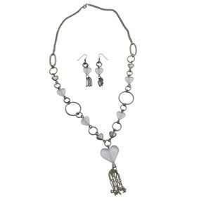 Vintage Pink Heart Necklace & Earring Set – Silver Tone with Tassel Detail
